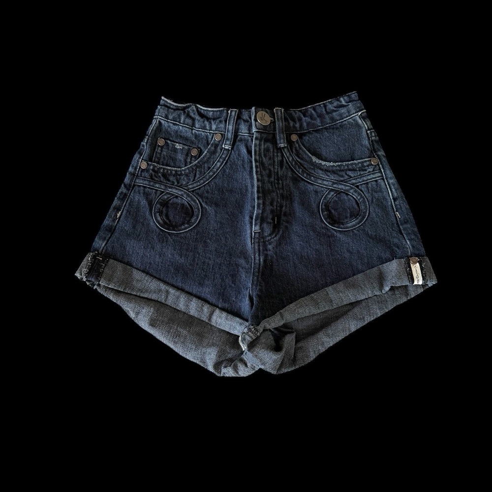 One Teaspoon Women's Bandits Dark Blue Denim Shorts Sz 22 Embroideredâ Custom